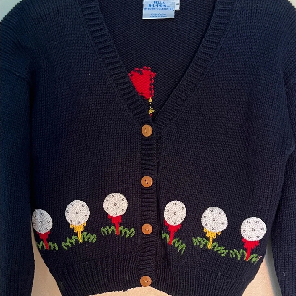 Vintage Bella Bliss Navy Knit Cardigan with Red, White and Green Golf Embroidery